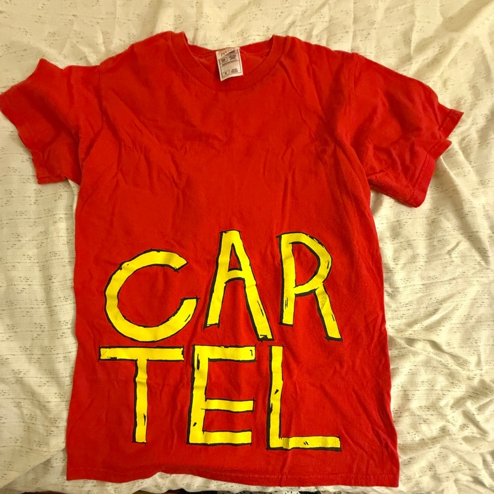 Fruit of the Loom Red Short Sleeve Tee with Yellow 'CARTEL' Graphic